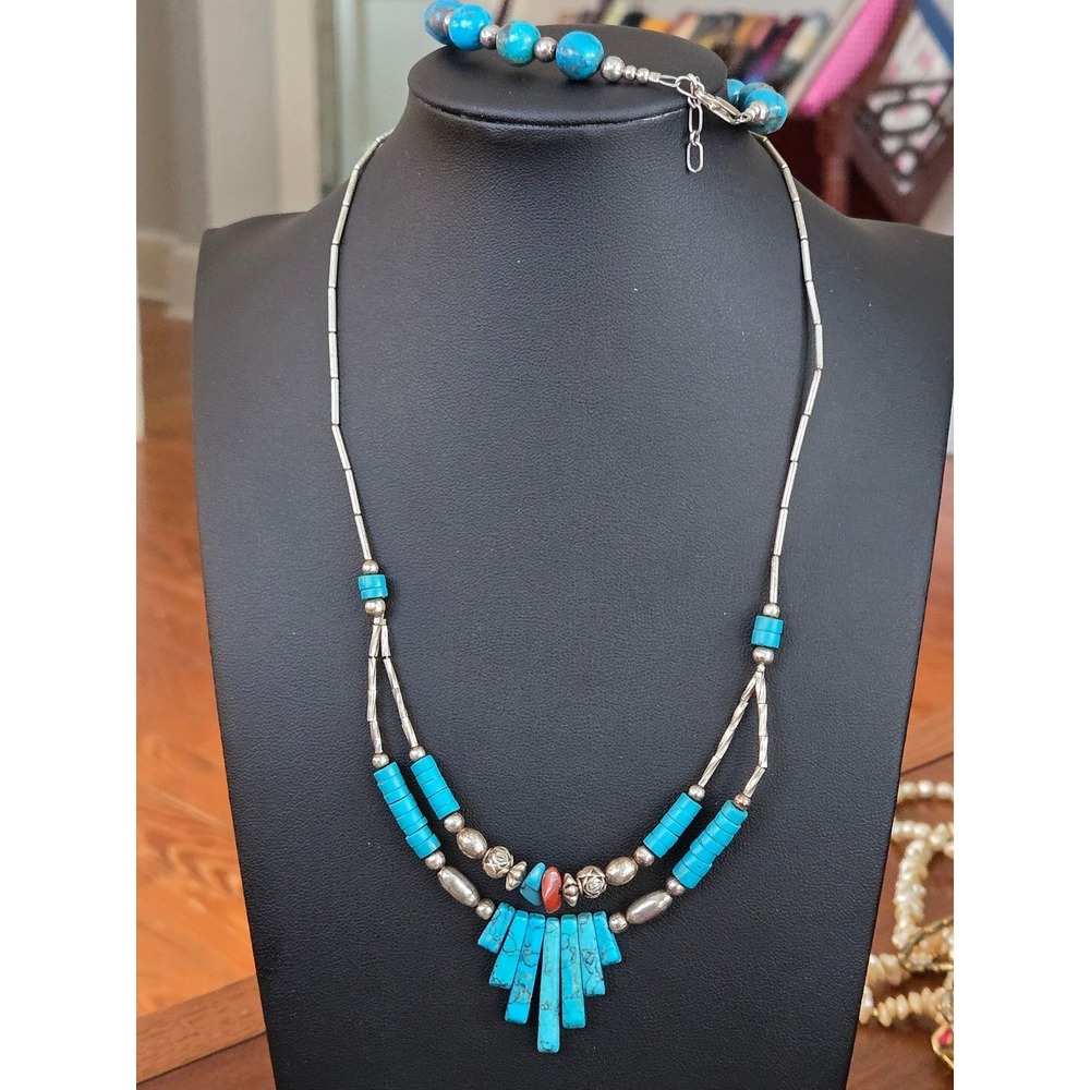 Southwestern Faux Turquoise? Liquid Silver Double Strand Necklace Bracelet 16in